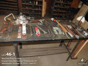 Wooden workbench with tools