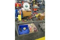 LOT: (2) 4-Wheel Carts with Power Rodder, Caulk Guns, Accu-Weigh Dial Scale, Truck Tire Air Inflator Hoses, (2) Assorted Pneumatic Crimpers (Locat...