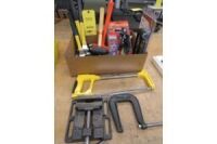 LOT: Assorted Hammers, Tin Snips, Rivet Guns, Hole Cutter, 4 in. Drill Vise, C-Clamp, Saw, etc. (Location L)