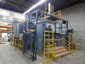 SHUMAN DDXH THERMOFORMING AND VACUUM FORMING MACHINE WITH (2) 109" X 55" PNEUMATIC MOLD TABLES, (2) 149" X 78" PNEUMATIC CLAMP MATERIAL HANDLERS, 177" X 78" THERMOFORMING DOUBLE SIDED TABLE UP TO 450 DEGREE CELSIUS/ 842 DEGREE FAHRENHEIT S/N: 1481(CI)