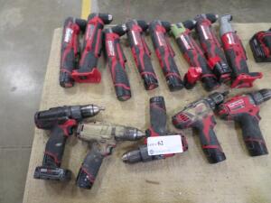 (5) MILWAUKEE ELECTRIC DRILL 12V AND (8) MILWAUKEE RIGHT ANGLE DRILL W/ 12 CHARGERS (2) MISSING BATTERIES ( 4650 OAKLEYS LN HENRICO, VA 23231)