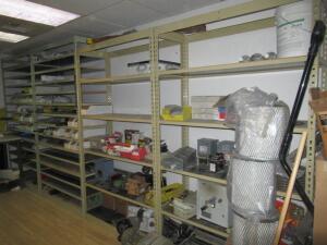 (LOT) CONTENTS OF ROOM, HOSES, ELECTRICAL WIRE, CYLINDERS, MOTORS, PUMPS, FILTERS, LIGHTS, STORAGE CABINETS AND SHELVING