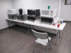 (LOT) ASSORTED MICROWAVES, FOLDING TABLES, FOLDING CHAIRS, WATER DISPENSER AND SMALL REFRIGERATOR (MUST BE PICKED UP BY DECEMBER 16, 2019) (LOCATION 1