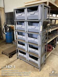 (2) shelving units with (10) plastic bins