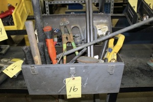 TOOL BOX, w/assorted tools, bolt cutter, hammers, etc.