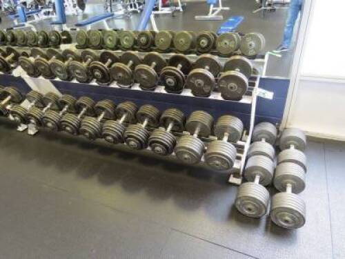 Set of 12 pairs of dumbells, starting at 35lbs upto 115lbs (1910lbs) including 2 level rack Atlantis & (4) 130lbs Dumbells