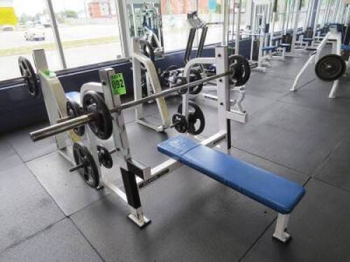 Flat Bench Press Atlantis, Ser#34353 w/ 45lb Olympic Bar, (2) 45lb YRC, (4) 25lb YRC, (2) 10lb YRC, (2) 5lb YRC
