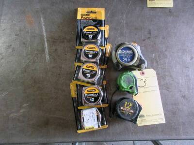 LOT OF TAPE MEASURES: (5) 7 x 12' & 1 x 25' (new) & (3) used