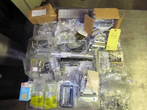 LOT OF METAL/WOOD TOOLBOX ACCESSORIES: hinges, handles, clasps, etc.