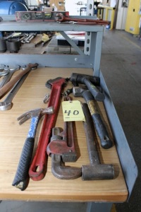 LOT CONSISTING OF: 18" pipe wrench, 24" chain tong wrench & hammers