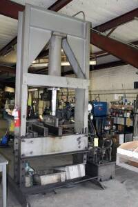 H-FRAME HYDRAULIC PRESS, CUSTOM APPROX. 100 T. CAP., 10” cylinder, 48” dist. btn. housings, 15” opening, 36” ht., approx. 30” stroke