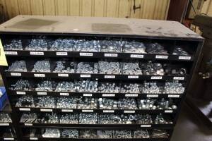 LOT CONSISTING OF: assorted fasteners, washers, nuts, w/pigeon hole cabinet