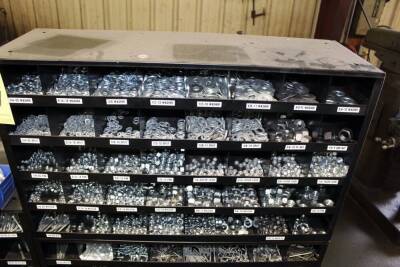 LOT CONSISTING OF: assorted fasteners, washers, nuts, w/pigeon hole cabinet
