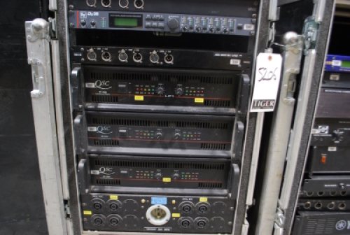Lot (4)ECM 16U Rolling Racks containing XTA Processors, DX38 Processors, QSC Amplifiers, Aphex Das, Meyer B-2EX, DBX Compressors, Shure/Sennheiser/Telex Antenna Distributors, Yamaha PW1D and (1) ECM 6U Rack containing (2)Yamaha AD824 Analog to Digital Con