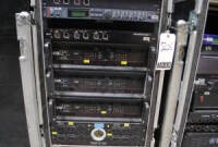 Lot (4)ECM 16U Rolling Racks containing XTA Processors, DX38 Processors, QSC Amplifiers, Aphex Das, Meyer B-2EX, DBX Compressors, Shure/Sennheiser/Telex Antenna Distributors, Yamaha PW1D and (1) ECM 6U Rack containing (2)Yamaha AD824 Analog to Digital Con
