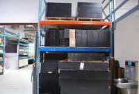 Lot Contents of 12 Pallet Racks of Wood Flats, Stairs, Risers, Wedges, (2) Steel Plywood Cart (65" x 99" x 30") and Assorted Wooden Set Pieces