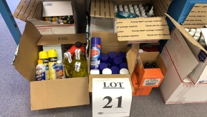 LOT OF ASSTD CLEANING SUPPLIES: GLASS CLEANERS, HAND SANITIZER, SOAP, LUBRICANT OIL, SPRAY GEL, MASSAGE OIL, SUPERIOR LUBRICANT, AND POND FOAMAPPROX 10 BOXES