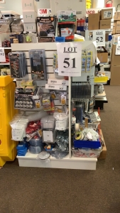 LOT OF ASSTD ITEMS: TIRE INFLATORS, POWER BIT SETS, SPRING CLAMPS, LID OPENERS, STORAGE HOOKS, SUCTION CUPS, SCREWS, HOSE CLAMPS, ALLIGATOR CLIP, DETAIL BRUSHES, MAGNETIC HOOKS, PIPE PLUMBING REPAIR, SCREWDRIVER SETS, SCREW EXTRACTOR SET, UTILITY BLADES, 