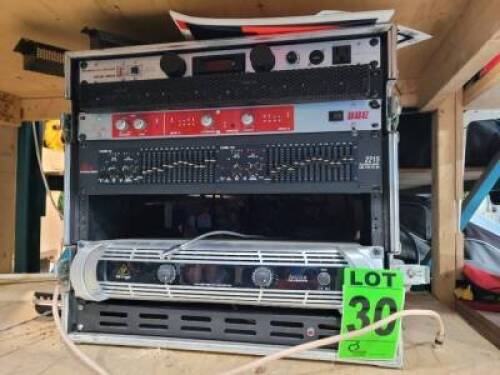Syst&egrave;me de sonorisation portable, y compris : Distributeur de puissance AMERICAN AUDIO PDP-50, amplificateur sonore st&eacute;r&eacute;o BBE 382iSW avec sortie pour caisson de basse, &eacute;galiseur/limiteur DBX Professional Products 2215 avec TYPE III NR et BEHRINGER iNUKE 