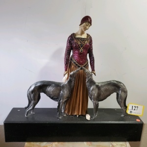 25" AFTER CHIPARUS BRONZE STATUE "LADY WITH AFGAN HOUNDS" (BROKEN HAND)