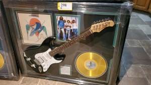 EAGLES MEMORABILIA FRAME WITH ELECTRIC GUITAR AND "ON THE BORDER" GOLD RECORD (SIGNATURES NOT AUTHENTICATED ) (43X35)