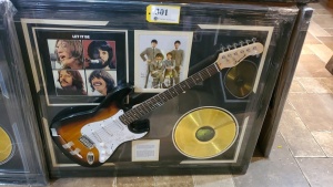 BEATLES MEMORABILIA FRAME WITH ELECTRIC GUITAR AND "LET IT BE" GOLD RECORD (SIGNATURES NOT AUTHENTICATED )(43X35)