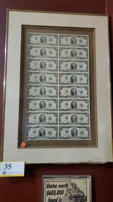 FRAMED SHEET OF UNCUT $2 BILLS (20.5X29)