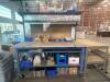 WAREHOUSE WORK BENCH WITH SHELVES, POWER, and LIGHT ON CASTERS