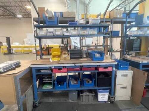 WAREHOUSE WORK BENCH WITH SHELVES AND POWER ON CASTERS