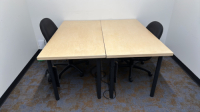 LOT OF (2) WOOD TOP TABLES APPROX: 5' X 31" X 29" WITH (4) CHAIRS AND SOFA 85"X 36" X 27" (LOCATION: 2ND FLOOR STAIR ACCESS ONLY)