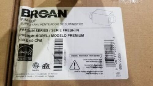 Broan Supply Fan #FIN-190P Items must be paid for & removed by 4:00 PM on Friday, October 6, 2023. No Exceptions!