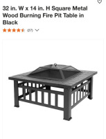 32" x 14" Square Metal Wood Burning Firepit Table (Black)