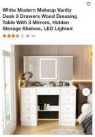 White Modern Makeup Vanity Desk 9-Drawers Wood Dressing Table w/3-Mirrors