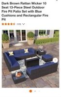 Rattan Wicker 10-Seat 13pc. Steel Outdoor Fire Pit Patio Set w/ Blue Cushions (Set)