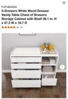 5 Drawer White Wood Dresser Vanity Table Chest of Drawers (47.2" x 19.7")