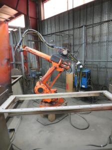 ABB Robotic Welding System with ABB Robot Model PS-60/A-50-P-LSS, ABB Robot Controller Model S4, Miller Deltaweld 451 Power Supply,(2) ABB MTA 160 Wel