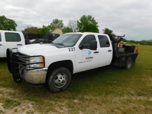 2012 Chevrolet 3500 HD 4x4 Crew Cab Flatbed Truck, VIN 1GB4KZCG6CF225358, 9-1/2 ft. Flatbed with Tool Boxes, Ridgid 300 Pipe Threader, (2) Ridgid Pipe Vises, V8 Vortec Gasoline Engine, Automatic, 230,516 miles