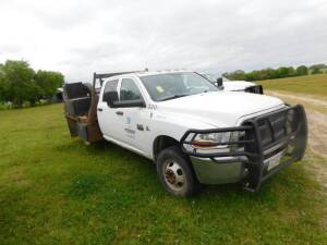 2011 Dodge 3500 Heavy Duty 4x4 Crew Cab Flatbed Truck, VIN 3D73Y4CL5BG558353, 9 ft. Flatbed with Tool Boxes, (2) Ridgid Pipe Vises, Cummins 6.7 Liter Turbo Diesel Engine, Automatic, 164,241 miles (broken drive shaft & spring)