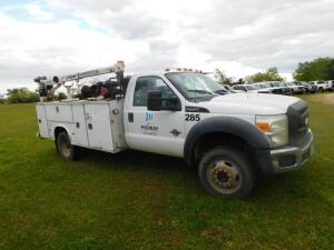 2011 Ford F-450 Super Duty Mechanics Truck, VIN 1FDUF4GT4BEA48559, 12 ft. Utility Bed, Gas Powered Air Compressor, Power Washer, Liftmoore 3200REE Extendable Cable Boom Hoist, Hose Reels, 6.7 Liter Power Stroke Turbo Diesel Engine, Automatic, 311,162 mile