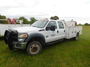 2011 Ford F-550 Super Duty Crew Cab Mechanics Truck, VIN 1FD0W5GT8BEA94366, 12 ft. Utility Bed, Gas Powered Air Compressor, Fueling Tank, Auto Crane Adjustable Cable Boom Hoist, 6.7 Liter Power Stroke Turbo Diesel Engine, Automatic, 289,000 miles