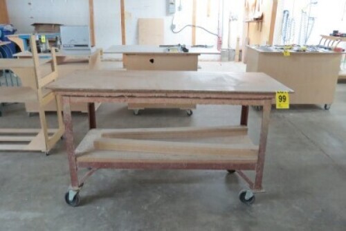 2-Level steel frame worktable on casters w/wooden top 64x36x20 (no content)