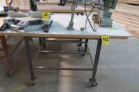 Steel frame table on casters w/wood top (no content)