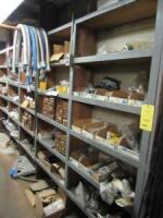 LOT: (2) Wood Shevles with Contents, Belts, Hoses , Parts Drawers, Fluid Lines, Etc.