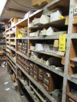 LOT: (2) Section of Wood Shevling with Contents, Parts Drawers, Lelts, Bulbs, Etc.