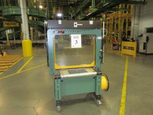 SIGNODE LBX-2330 TABLE TOP STRAPPING MACHINE, STRAP SIZE 6MM, 460 VOLTS, YEAR 2007, WITH 23 ROLLS OF PLASTIC STRAPPING