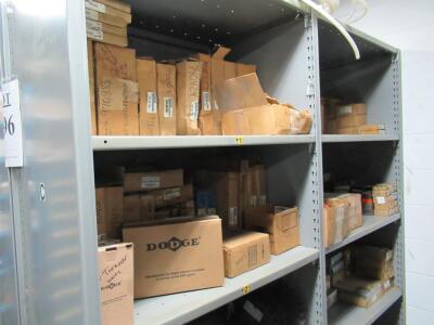 (LOT) RACK WITH CONTENTS BEARINGS, TURNOVER UNITS, PULLEYS, MOTORS, BUSHINGS, CAT PARTS