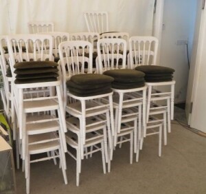50 x White Stackable Banquet Dining Chairs with Green Fabric Cushion Seats. (Located: Clare)