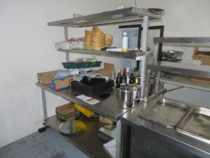 2 x S/Steel Workbenches, S/Steel Sink Unit, S/Steel Wall Mounted Shelves. (Located: Clare)