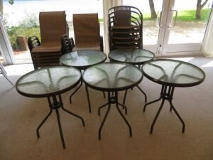 30 x Various Outdoor Metal Chairs with 8 x Tables, 8 x Wooden Outdoor Chairs with 4 x Tables. (Located: Clare)