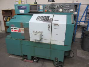 Nakamura-Tome Model Methods Slant S-JR, Slant Bed CNC Turning Center, S/N 11910 (New Est. 1987), 6" Chuck, 15.75" Swing Over Bed, 11.81" Max. Turning Length, 5.31" X-Axis, 13.39" Z-Axis, 10-Position Turret, 4,500-RPM Max. Spindle Speed, Nakamura Tome Fanu